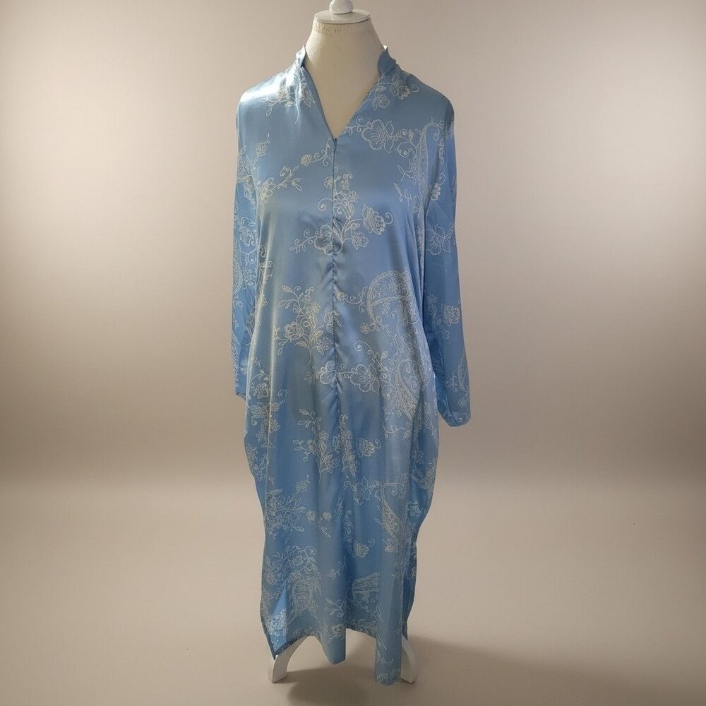Jones New York Satin 1990s Quiet Luxury Robe Long Sky Blue Paisley Sz M